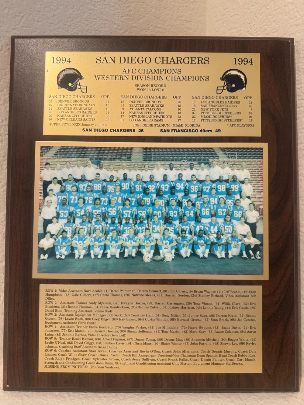 SAN DIEGO CHARGERS 1994 TEAM PHOTO PLAQUE AFC WESTERN DIVISION CHAMPIONS 16 X 13